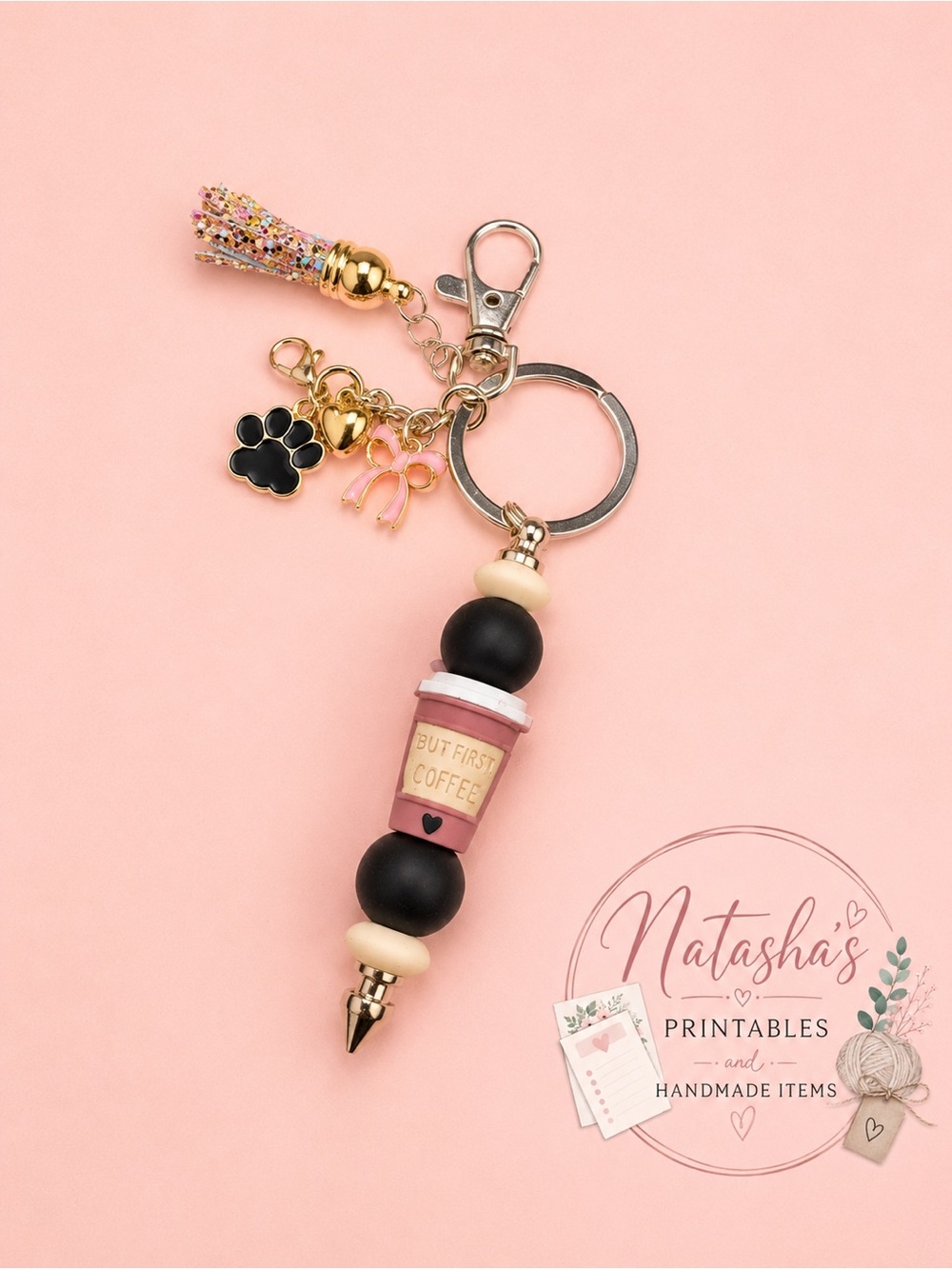 Pink and Black 'But First Coffee' Bead Tassel Keychain